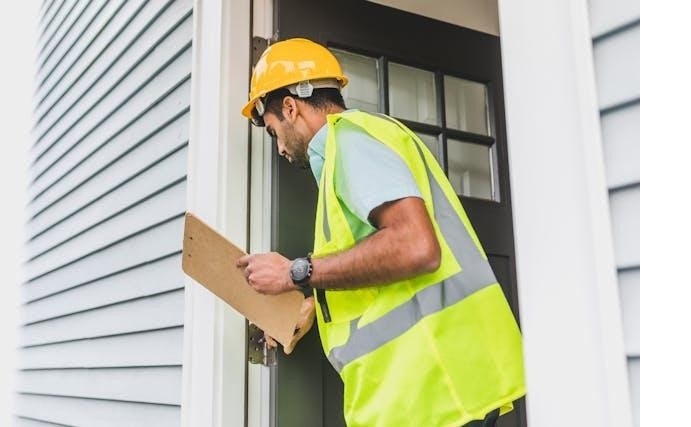 Person wearing a hard hat, safety vest and holding a clipboard, inspecting door hinges